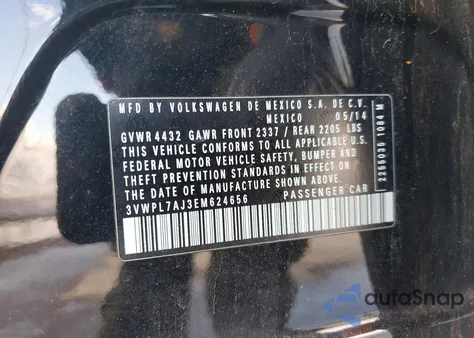 2014 Volkswagen Jetta Tdi z USA, uszkodzony, nr VIN 3VWPL7AJ3EM624656